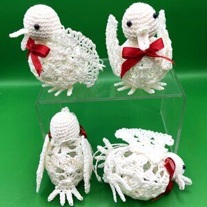 Set 4 Vintage Crochet Bird Ornament Handmade Dove 1980s White Xmas Holiday Décor